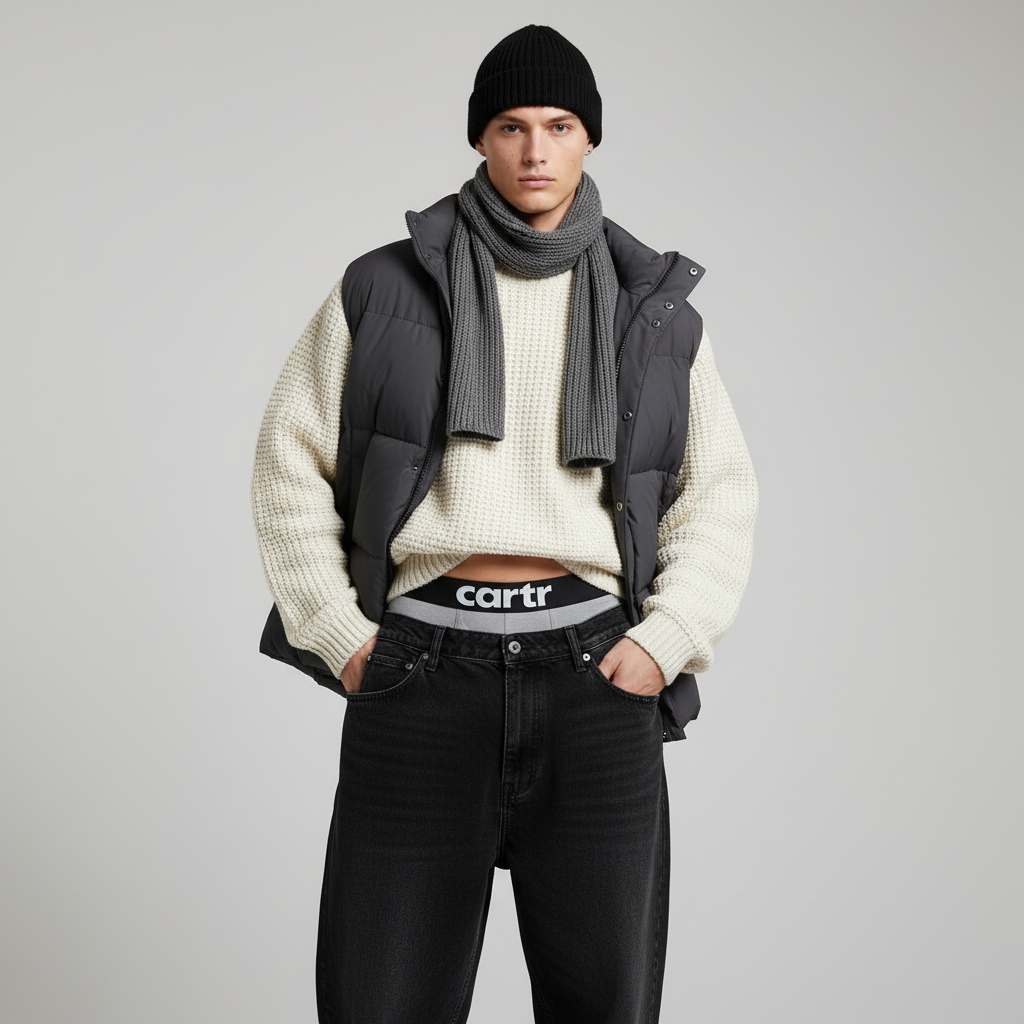 Male model in winter outfit showing 5cm Cartr waistband